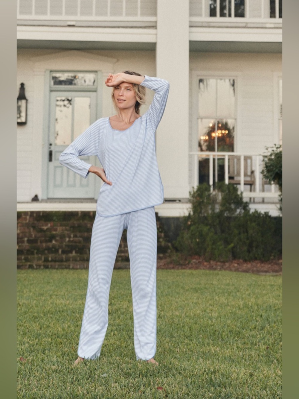 NWOT Lake Pajamas: Pima Long-Long Set in Hydrangea & Navy - Picture 2 of 11